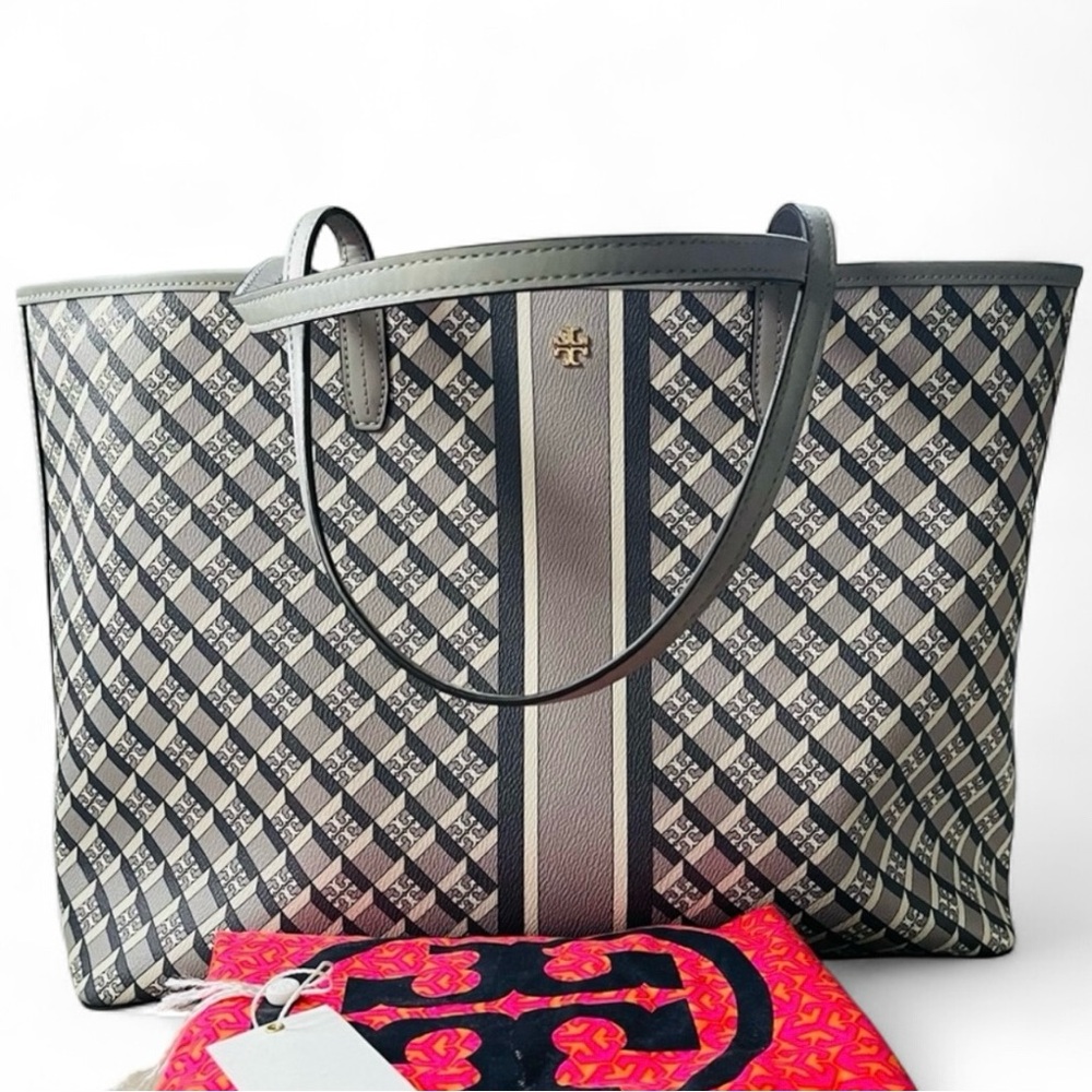 Tory Burch Geo Logo Stripe Tote Bag EUC - Picture 3 of 14